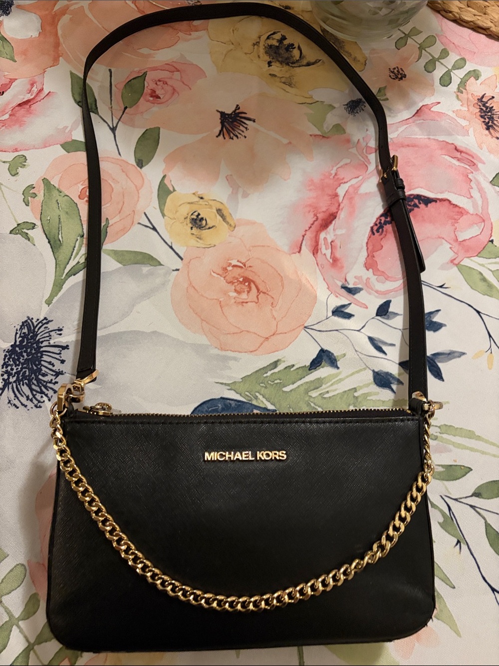 Michael Kors Black Leather Crossbody with Gold Chain Accent